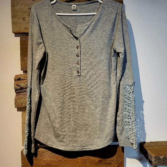 Tops - Gray Long Sleeve Top with Lace Detail